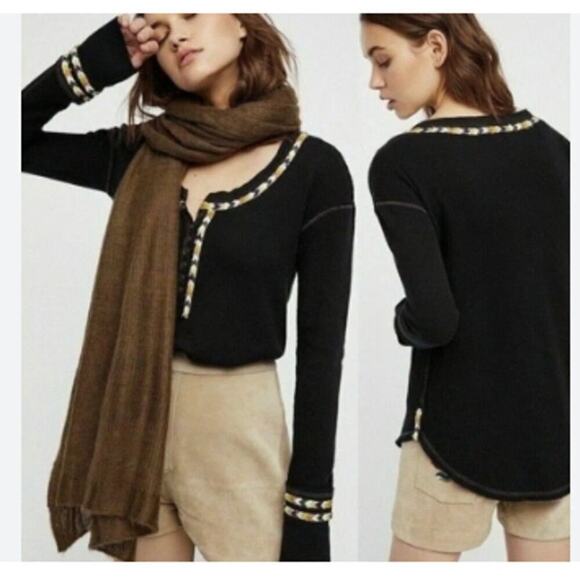 Free People Thermal Shirt Black Waffle Knit Embroidered Y2K Henley Top Size XS - Picture 2 of 13